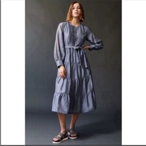 Anthropologie Mare Mare Blue Grey Chambray peasant tie waist maxi dress